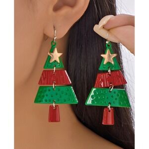 Red and Green‎ Reticulated Christmas Tree Earrings